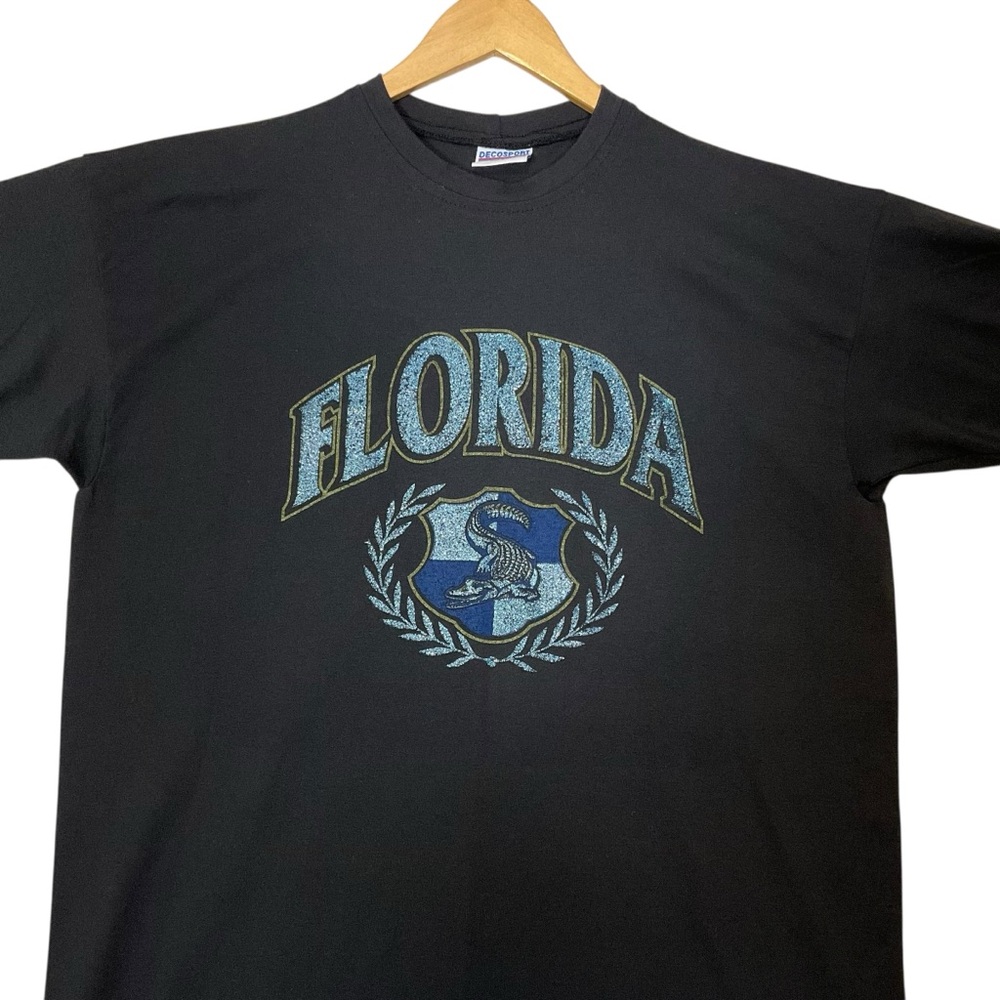 vtg DECOSPORT OS T Shirt Florida Gators Graphic Black Alligator Sparkly Blue USA